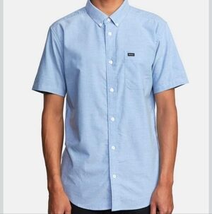 RVCA Men's Light Blue Short-Sleeve Button Down Shirt with Chest Pocket